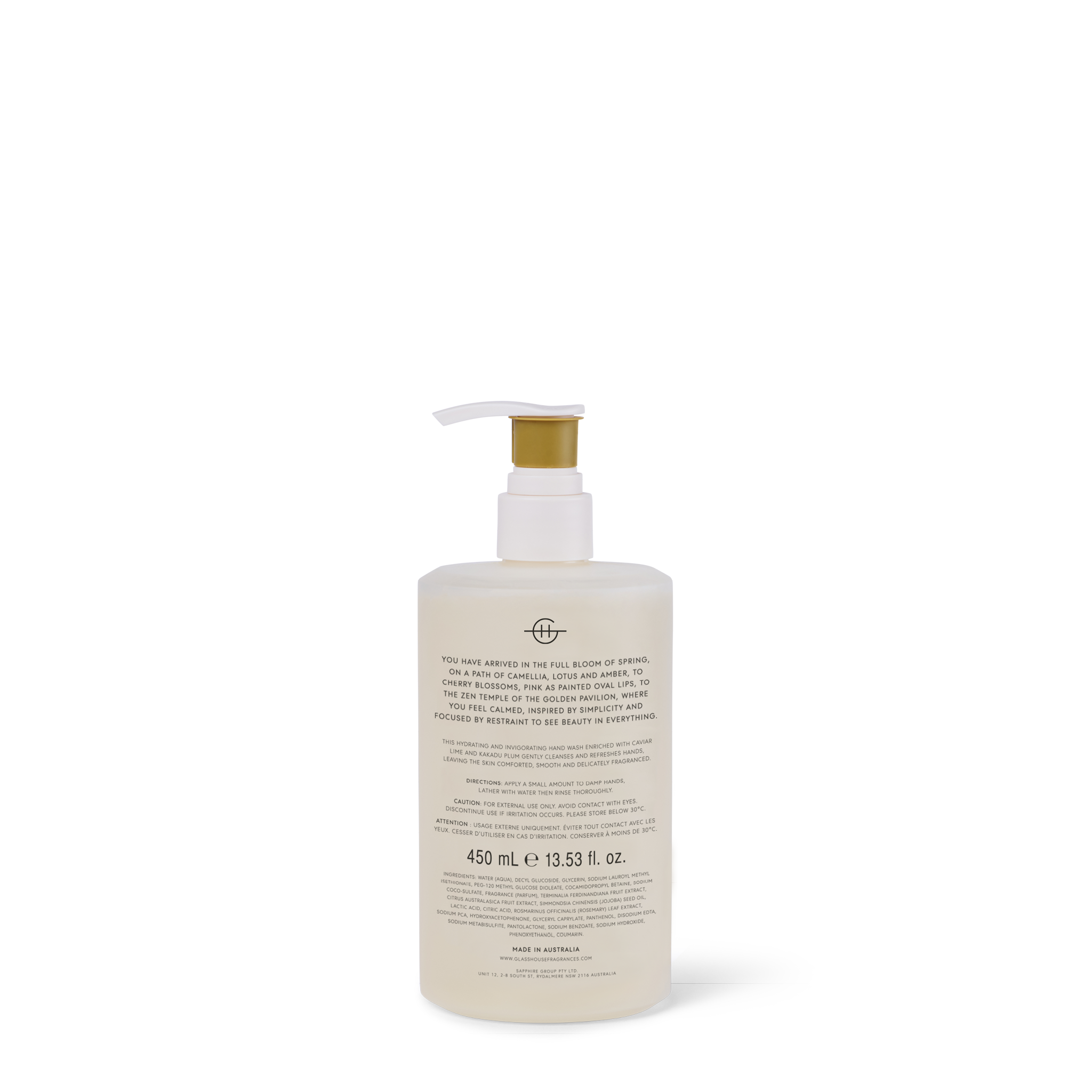 Glasshouse Fragrances Kyoto In Bloom Hand Wash back of pack.