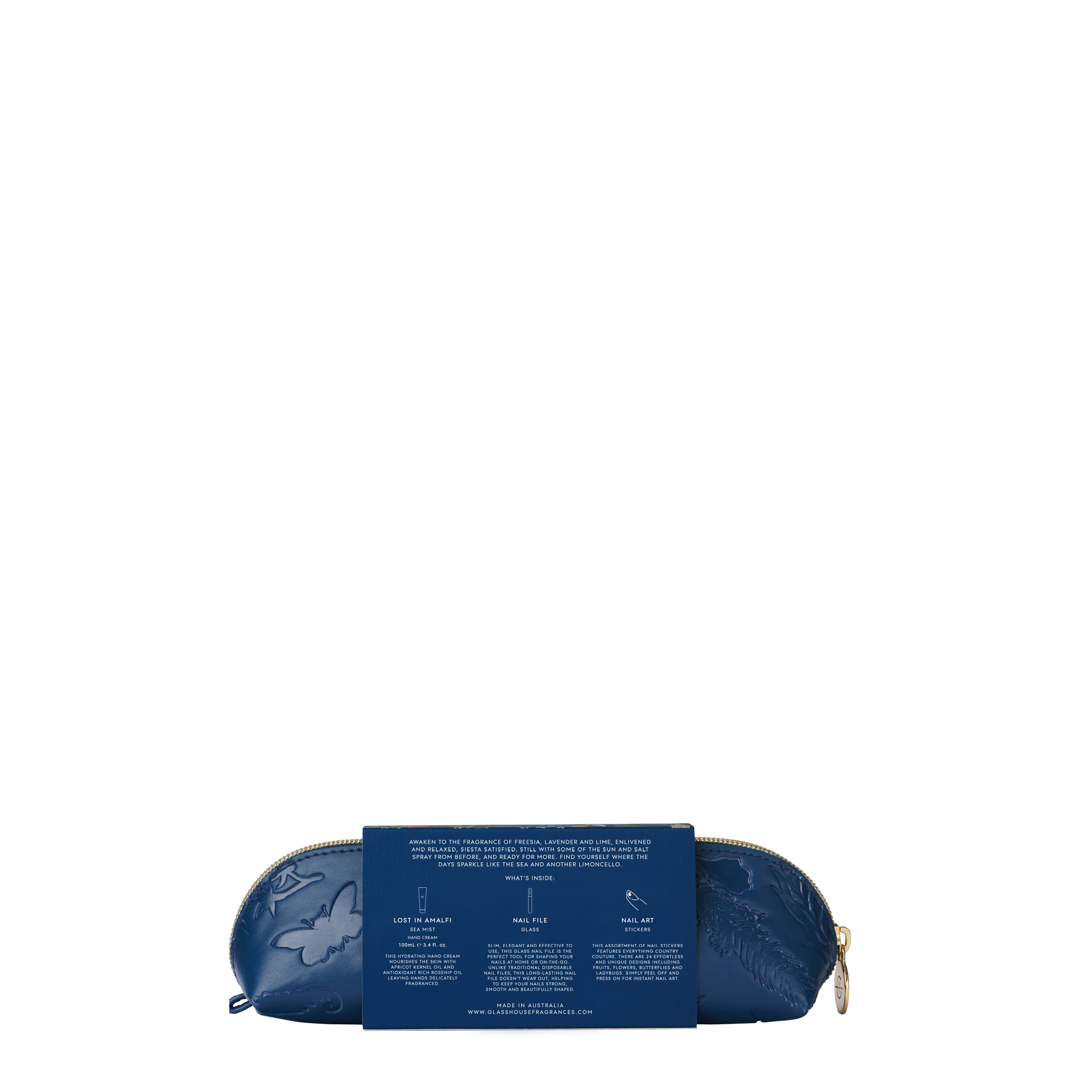 Glasshouse Fragrances Lost In Amalfi Hand and Nail Set, blue cosmetic pouch back of product.