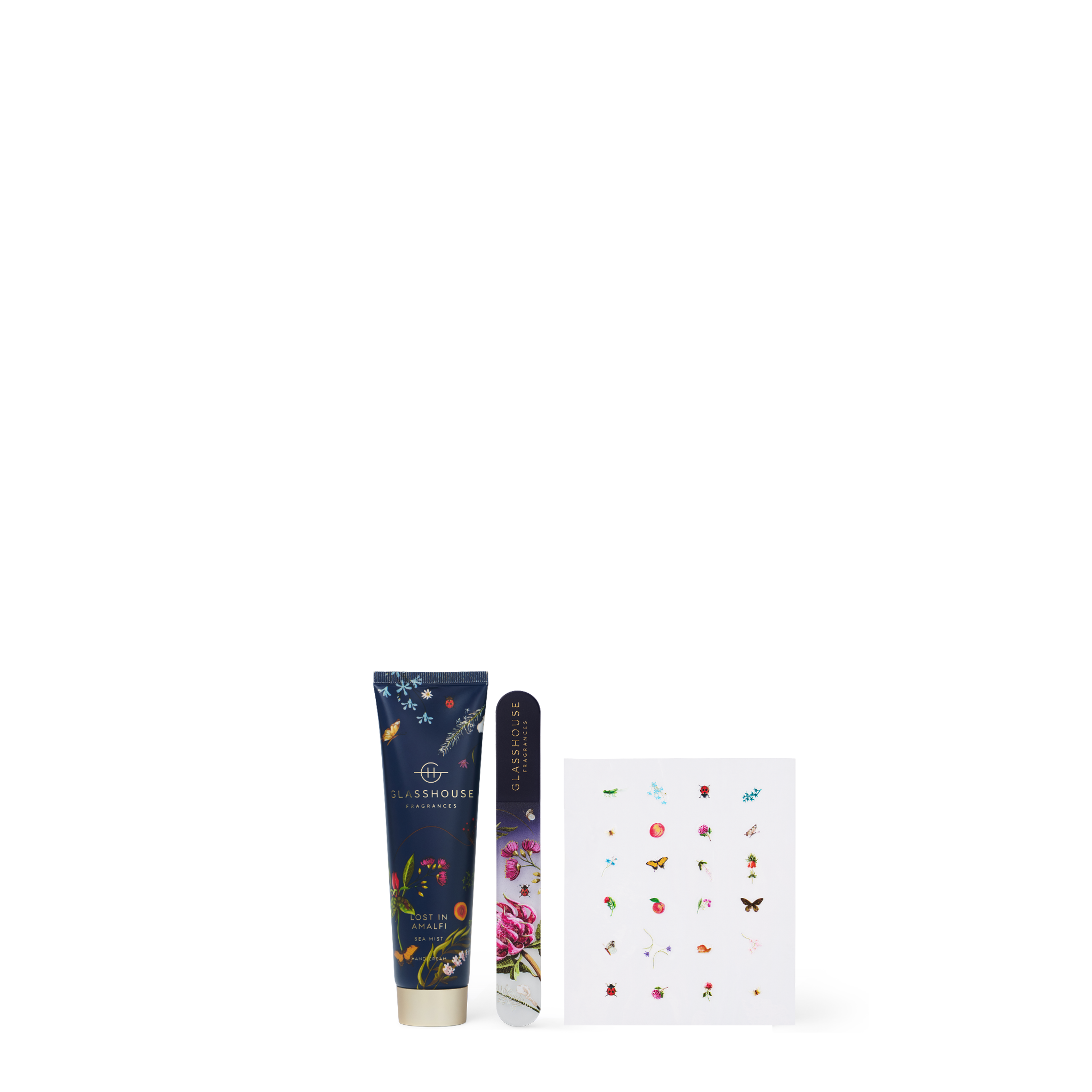 Glasshouse Fragrances Lost In Amalfi Hand Cream, Glass Nail File and decorative Nail Stickers.