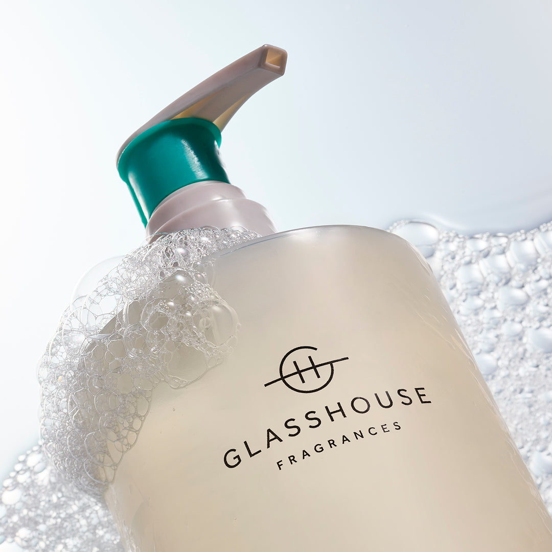 Glasshouse Fragrances close up of Lost In Amalfi Hand Wash with bubble.