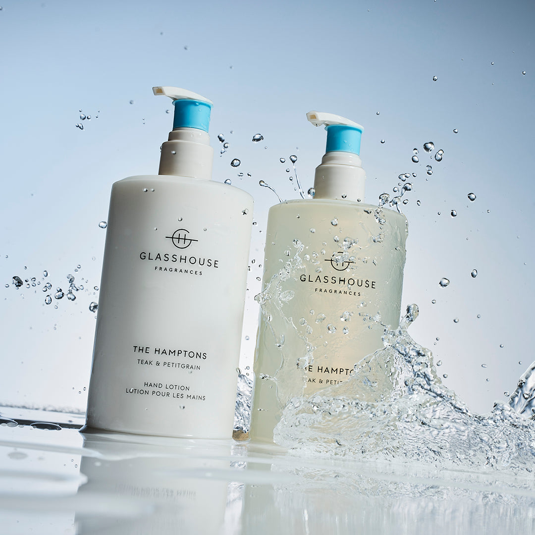 Glasshouse Fragrances The Hamptons Hand Lotion & Hand Wash with splash of water.