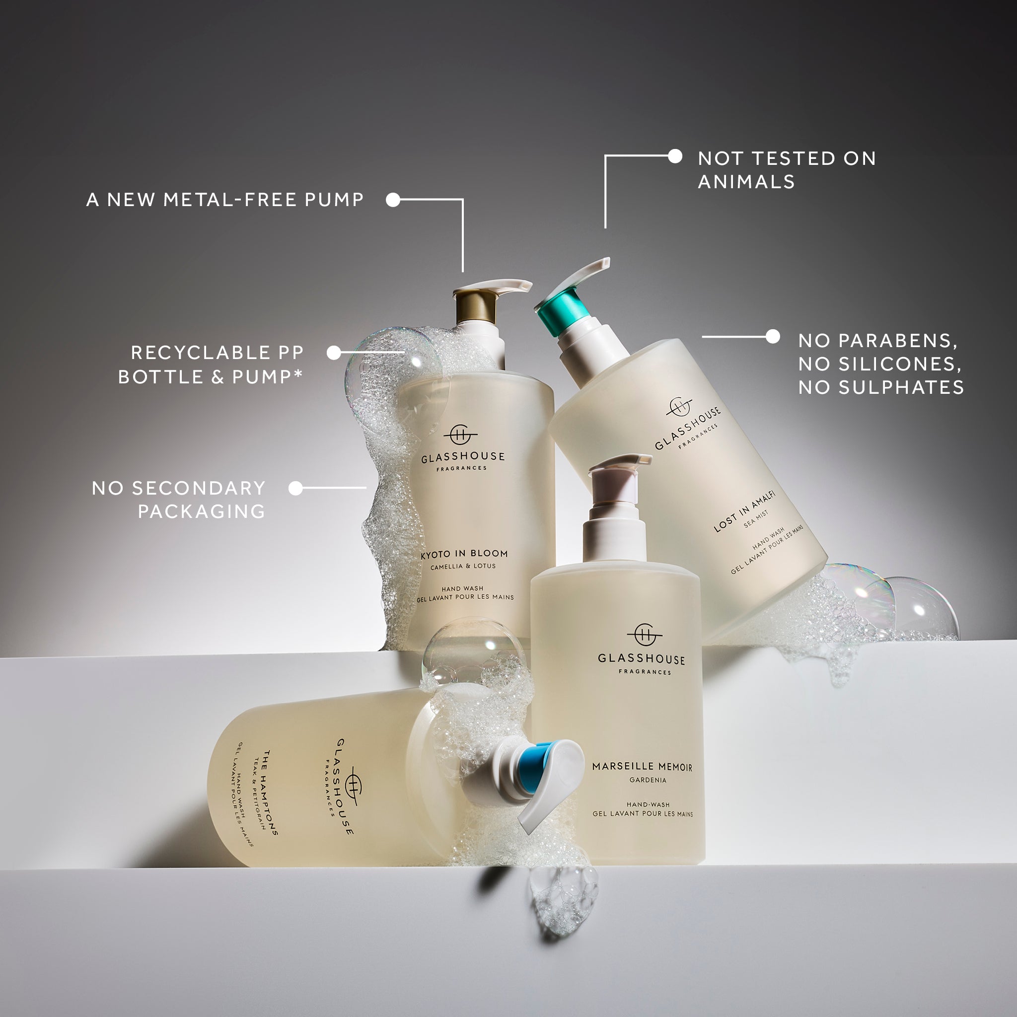 Glasshouse Fragrances assorted Hand Wash stacked on a white shelf with features and benefits call outs.