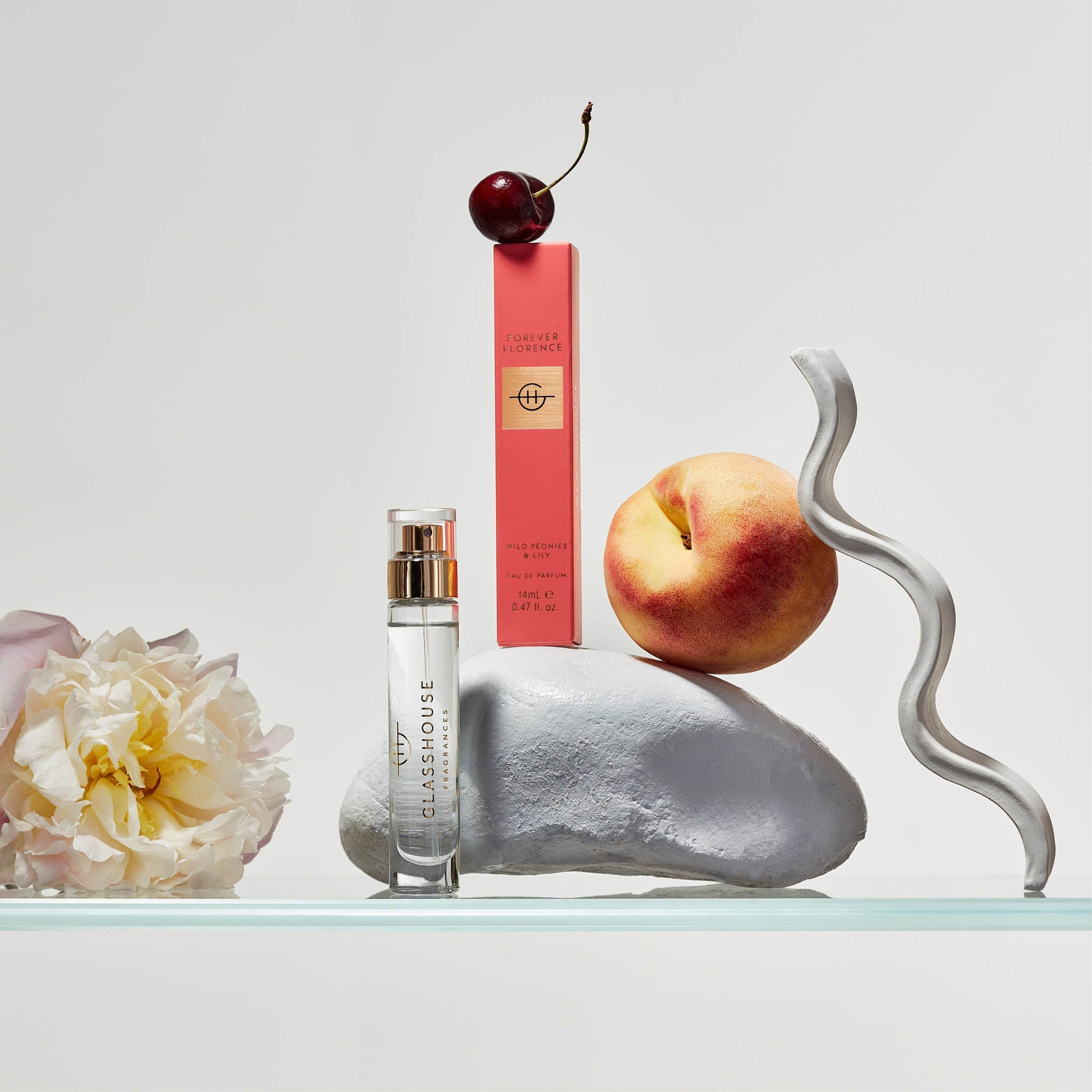 Glasshouse Fragrances Forever Florence Wild Peonies and Lily 14mL Eau de Parfum with box on a fruity floral background