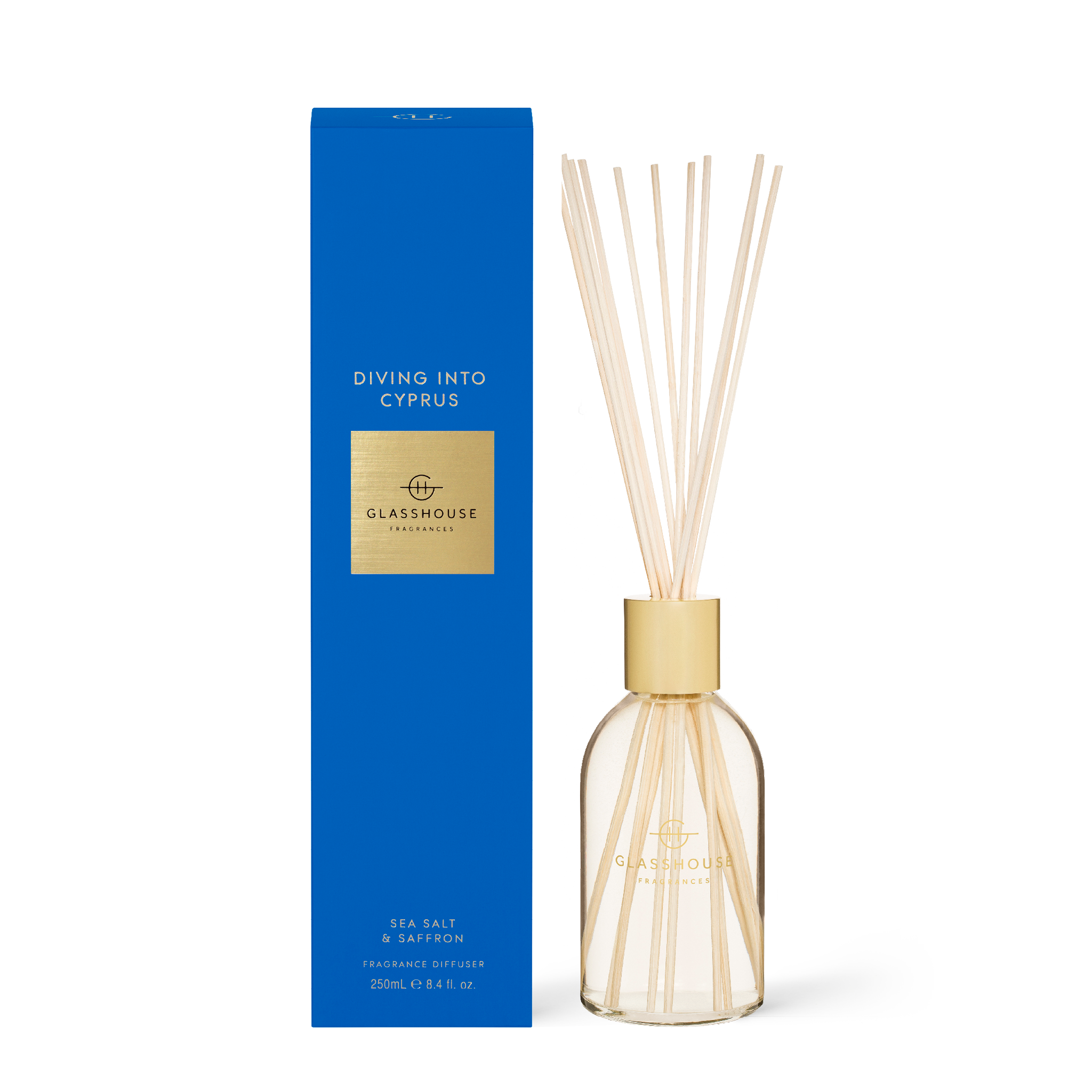 Glasshouse Fragrances Diving into Cyprus Sea Salt and Saffron 250mL Scent Diffuser with box