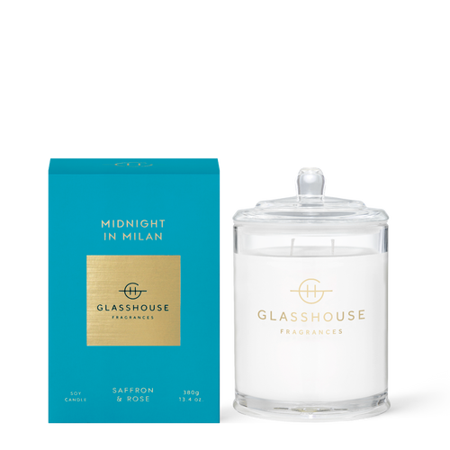 Glasshouse Fragrances Midnight in Milan Saffron and Rose 13.4 oz. Soy Candle with box