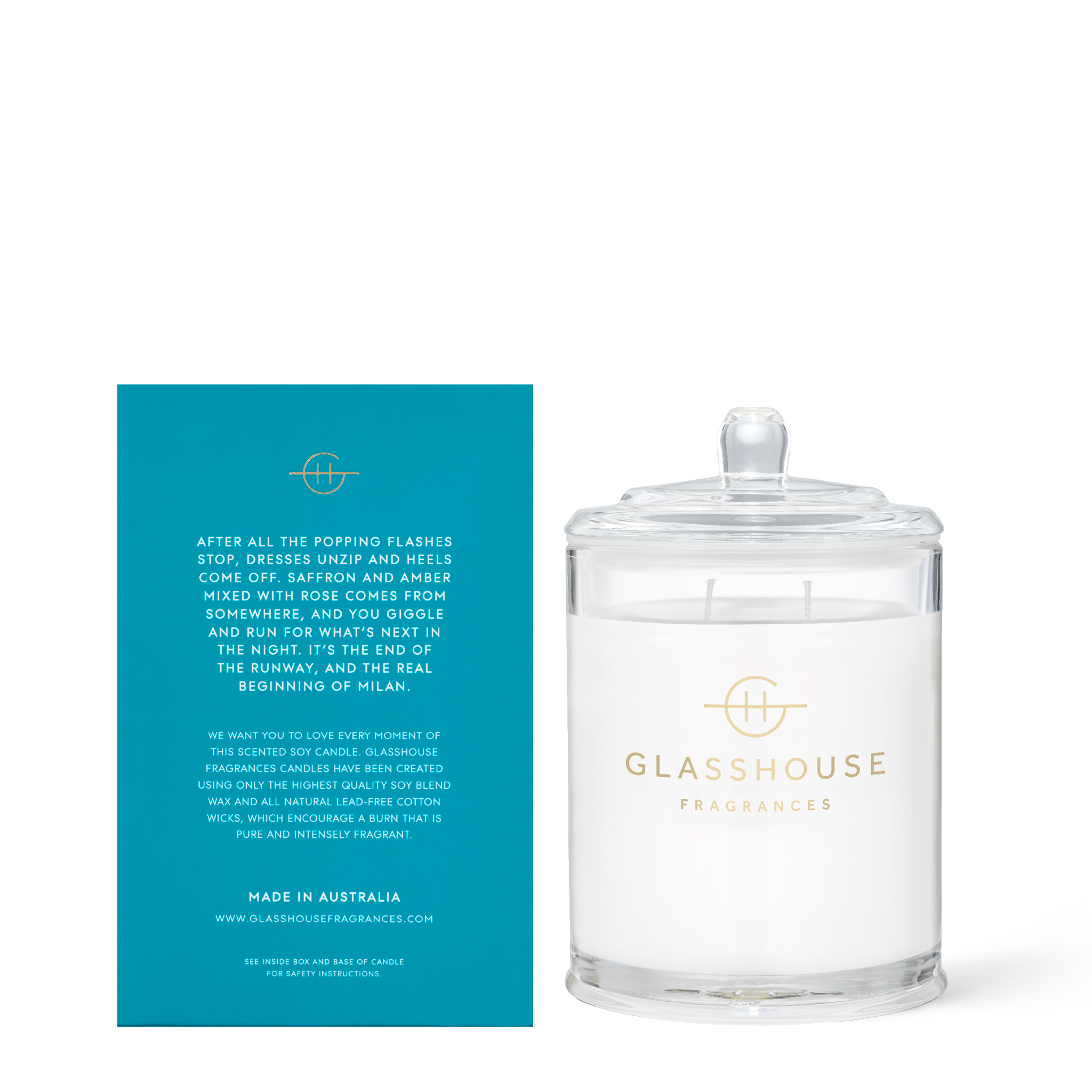 Glasshouse Fragrances Midnight in Milan Saffron and Rose 13.4 oz. Candle with box - back of product shot
