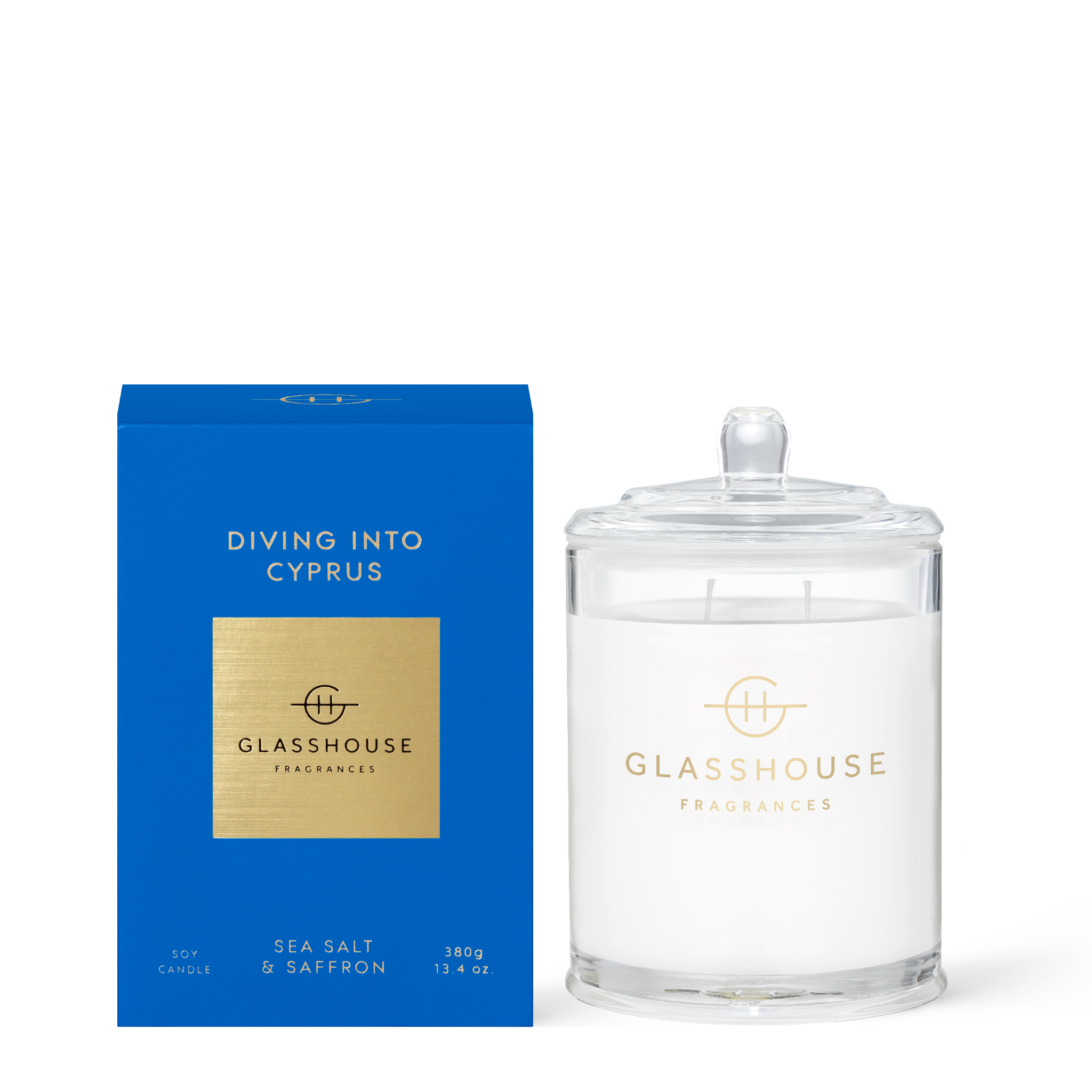 Glasshouse Fragrances Diving into Cyprus Sea Salt and Saffron 380g Soy Candle with box
