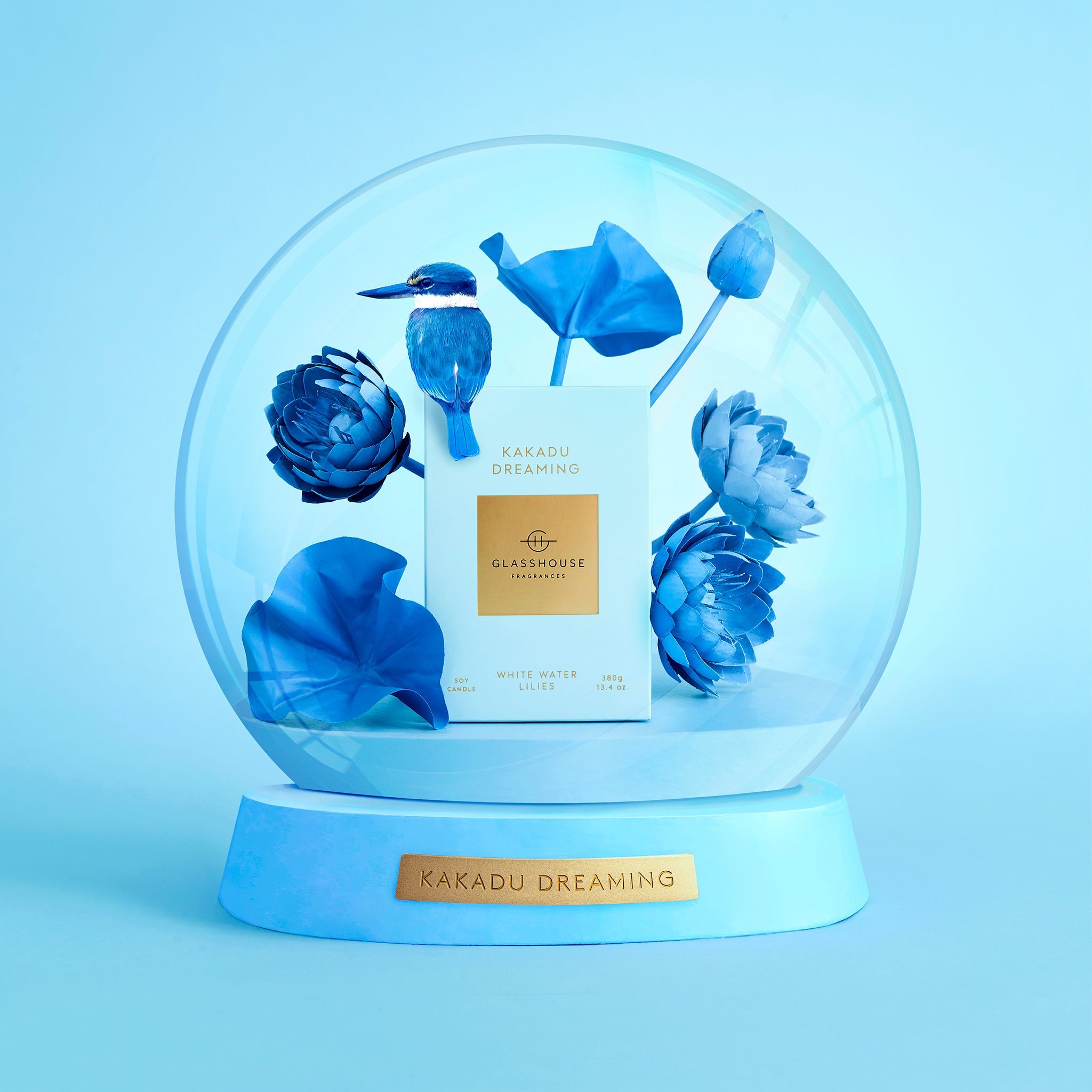 Kakadu Dreaming 380g Soy Candle box inside a snow globe