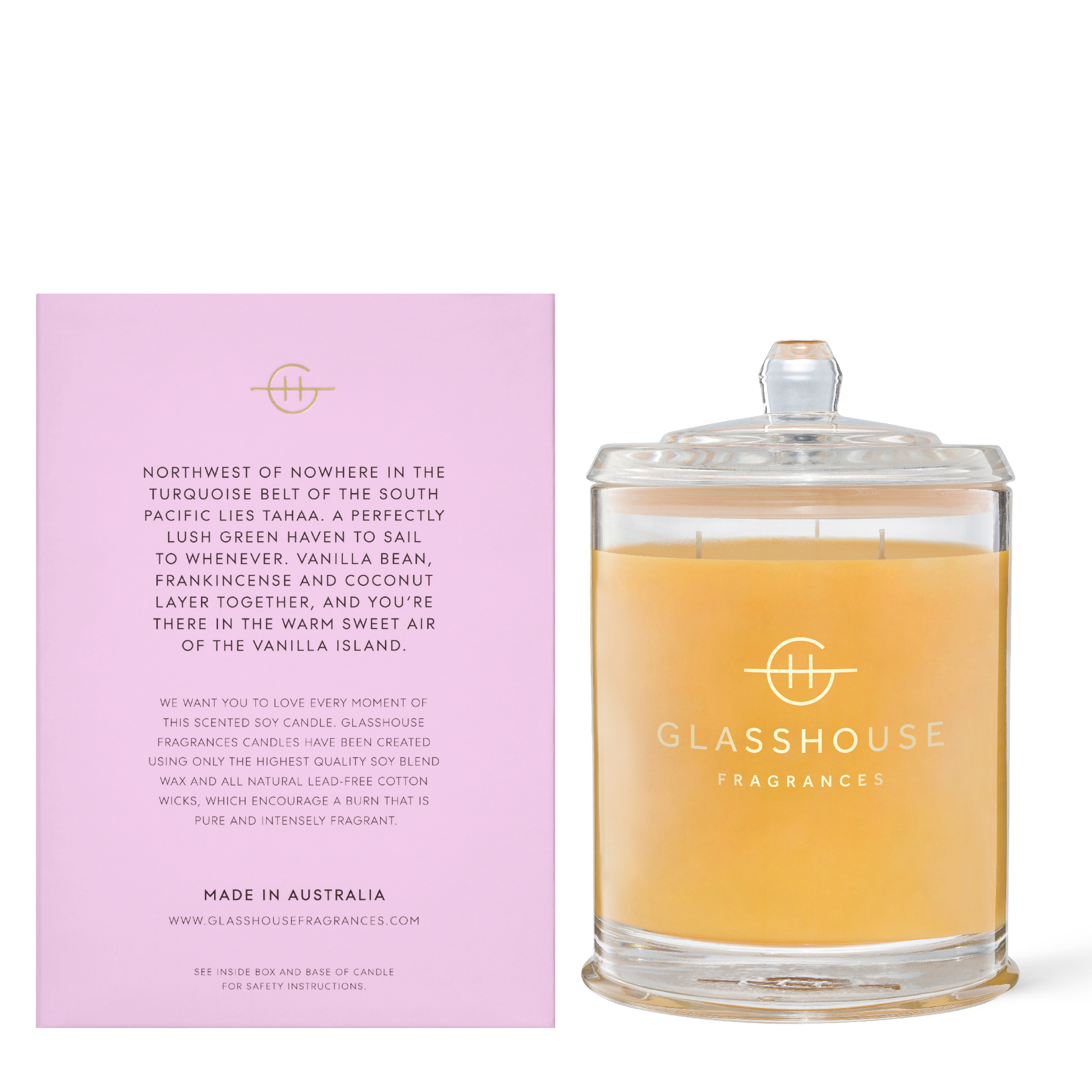 Glasshouse Fragrances A Tahaa Affair Vanilla Caramel  Soy Candle with box - Back of product shot