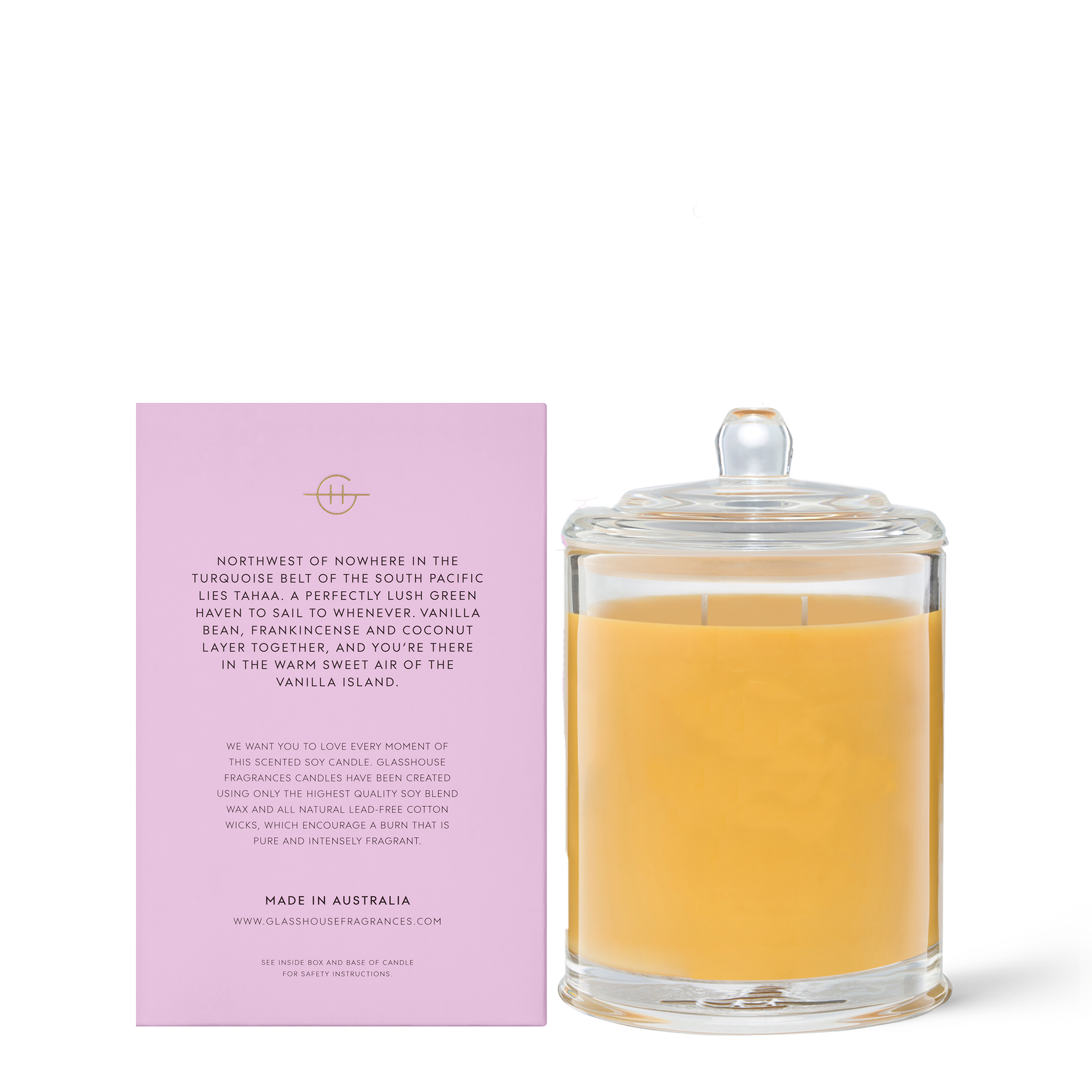 Glasshouse Fragrances A Tahaa Affair Vanilla Caramel 380g Soy Candle with box - back of product shot