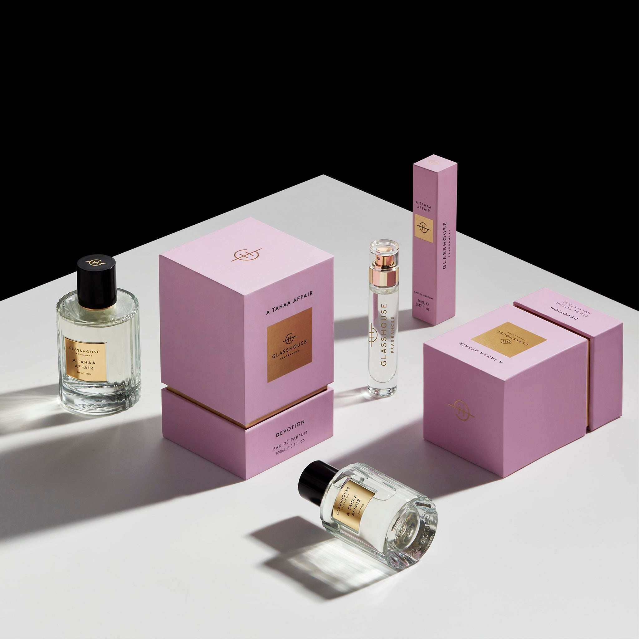 Glasshouse Fragrances A Tahaa Affair Vanilla Caramel Eau de Parfum Various Size Sprays with boxes - tabletop product shot