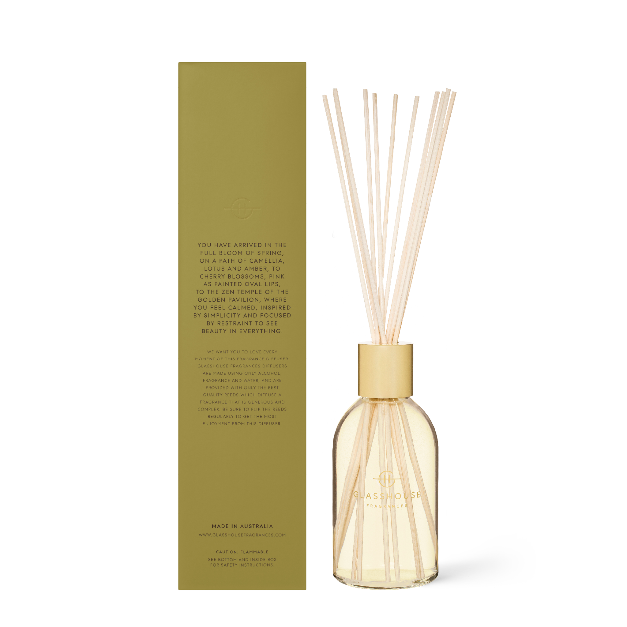 Glasshouse Fragrances Kyoto in Bloom Camellia and Lotus 250mL Scent Diffuser with box - back of product shot