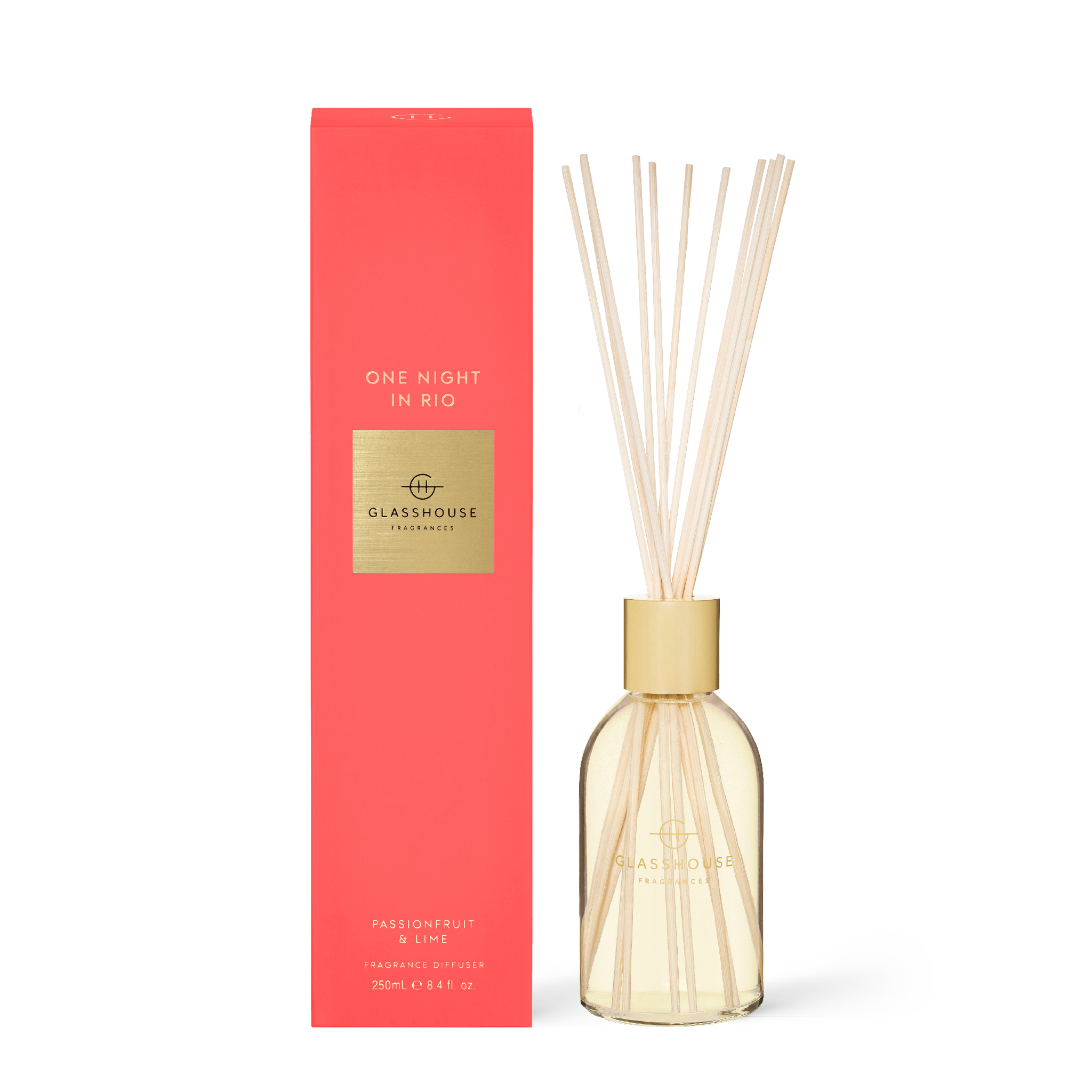 Glasshouse Fragrances One Night in Rio Passionfruit and Lime  250mL Fragrance Diffuser with box