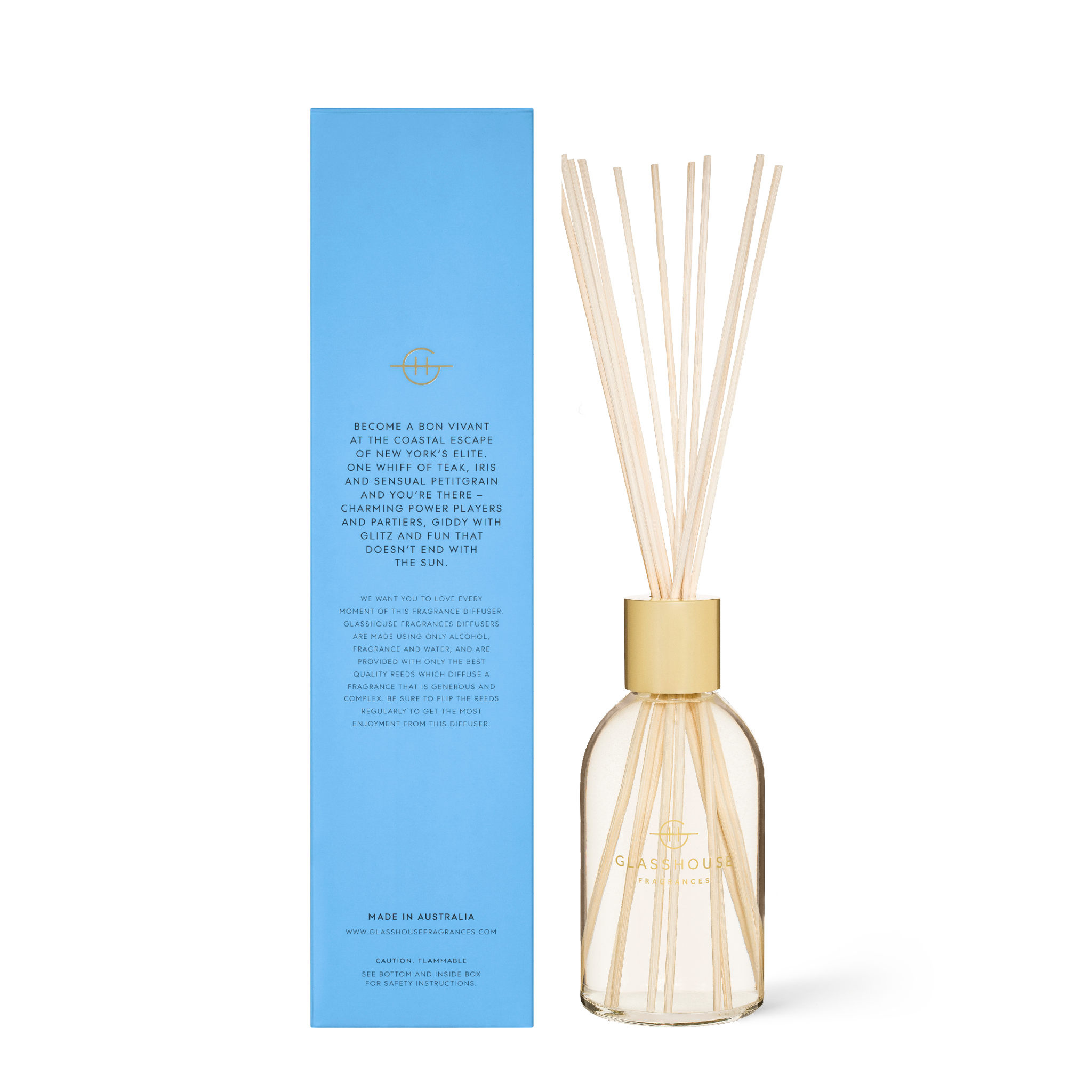 Glasshouse Fragrances The Hamptons Teak and Petitgrain 250mL Fragrance Diffuser with box - back of product shot
