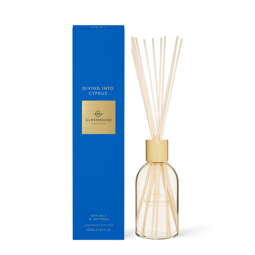 Glasshouse Fragrances Diving into Cyprus Sea Salt and Saffron 250mL Scent Diffuser with box