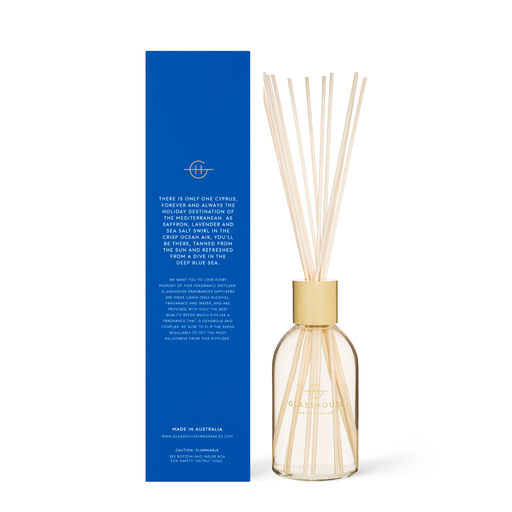 Glasshouse Fragrances Diving into Cyprus Sea Salt and Saffron 250mL Scent Diffuser with box - back of product shot