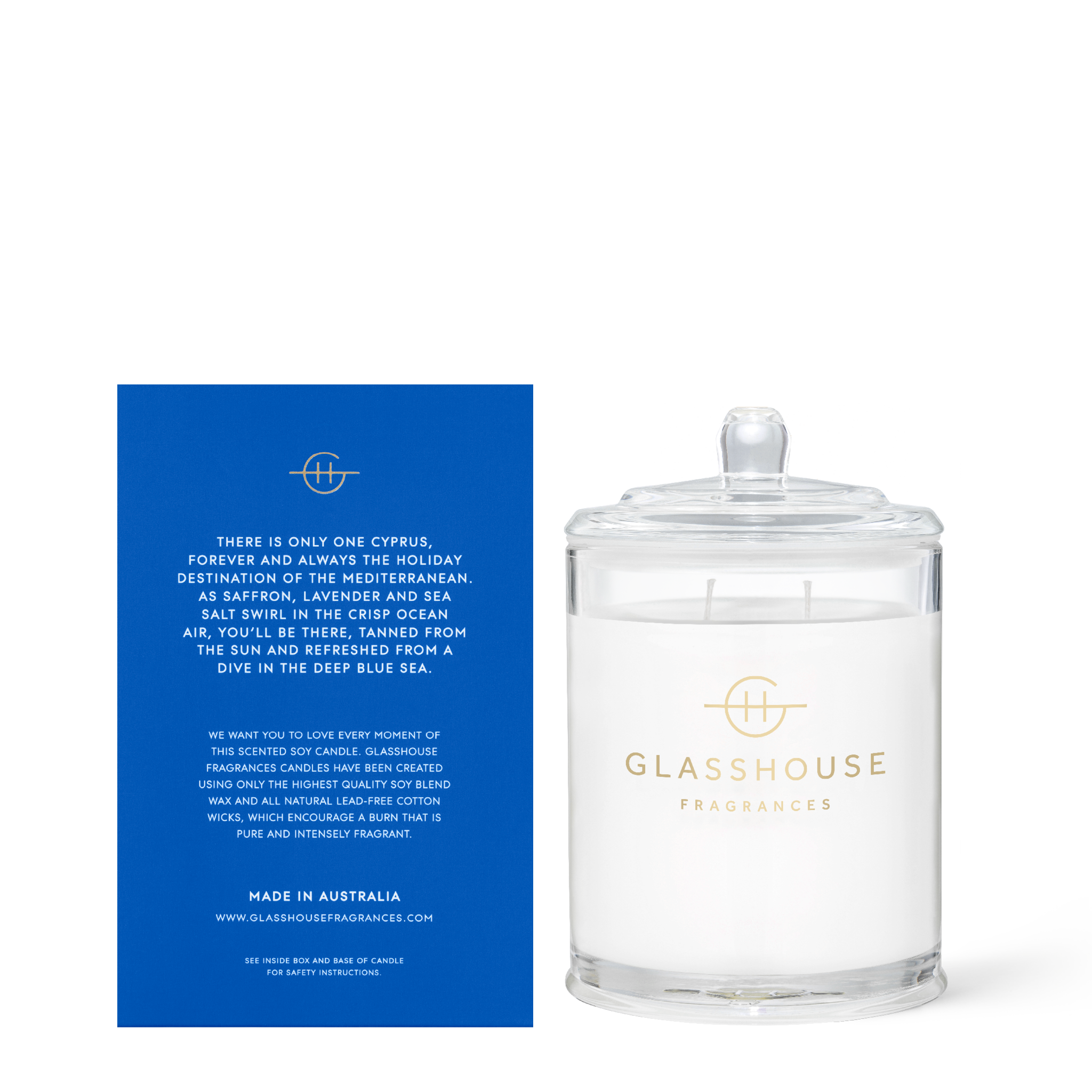 Glasshouse Fragrances Diving into Cyprus Sea Salt and Saffron 380g Soy Candle with box - back of product shot