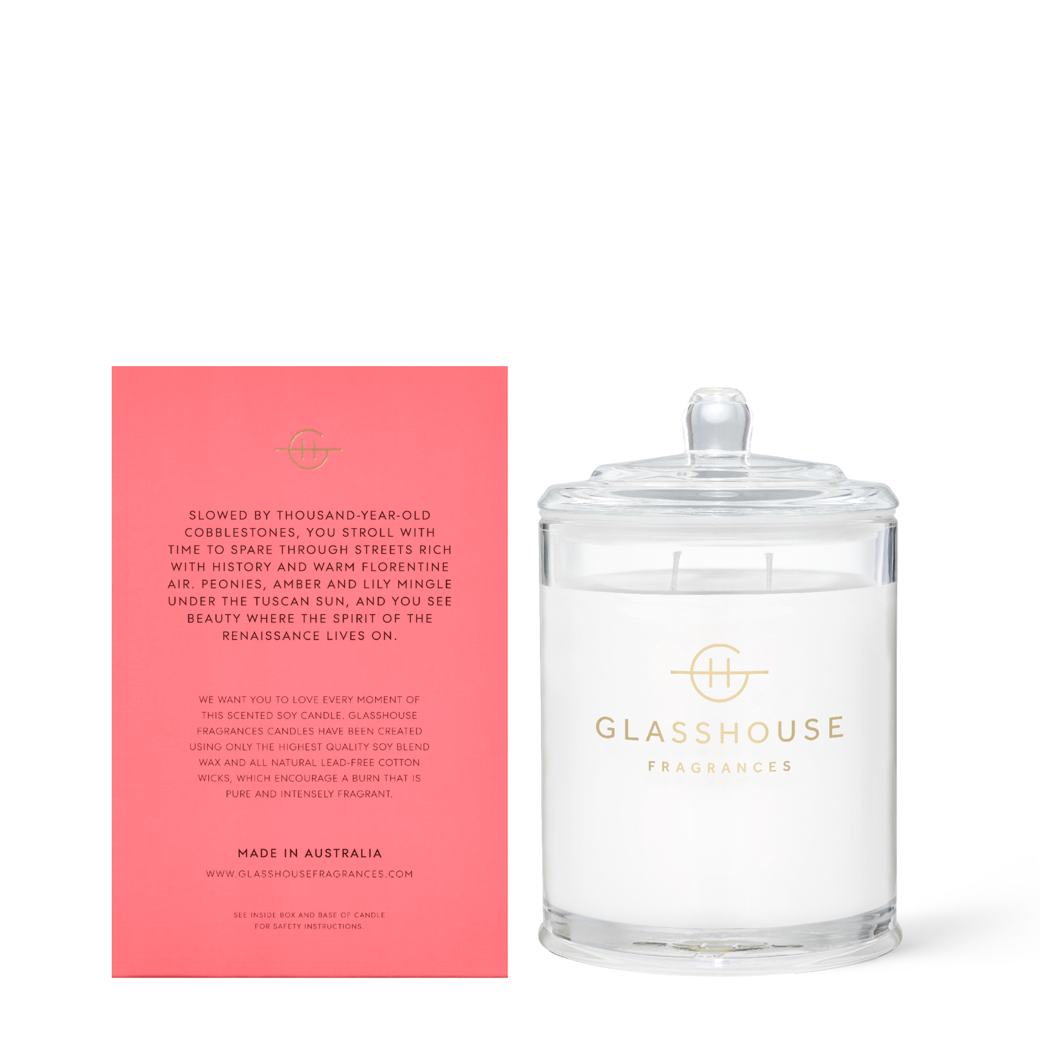 Glasshouse Fragrances Forever Florence Wild Peonies and Lily 380g Soy Candle with box - back of product shot