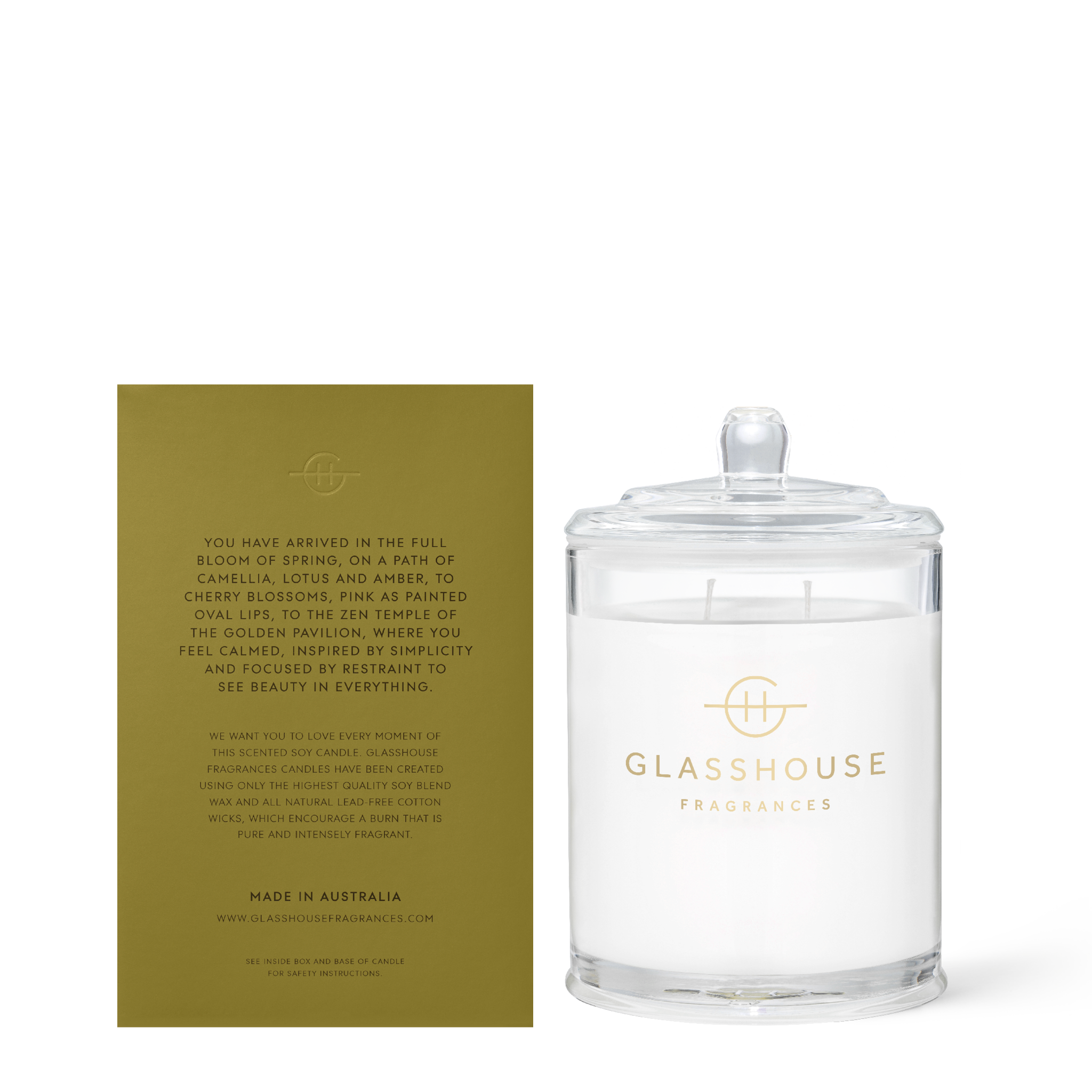 Glasshouse Fragrances Kyoto in Bloom Camellia and Lotus 380g Soy Candle with box - back of product shot