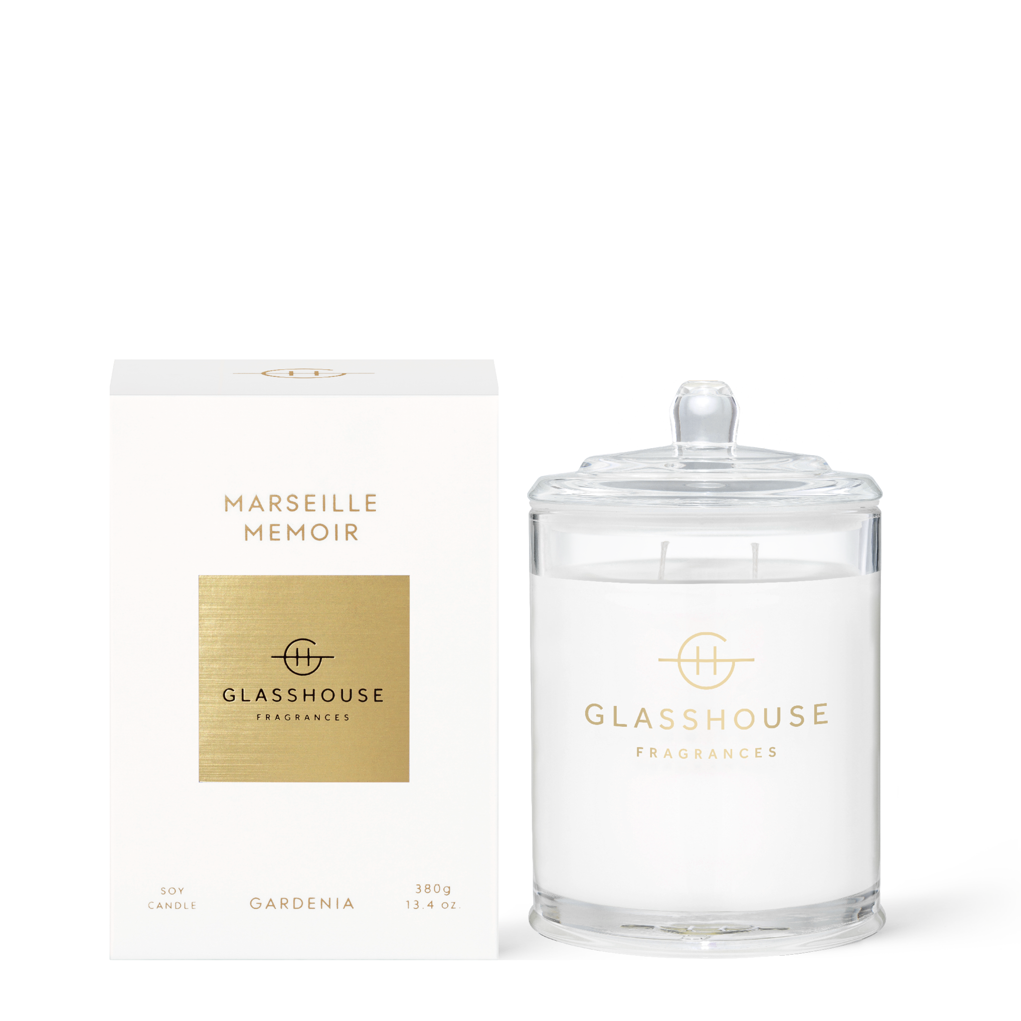 Glasshouse Fragrances Marseille Memoir Gardenia and Saffron 380g Soy Candle with box