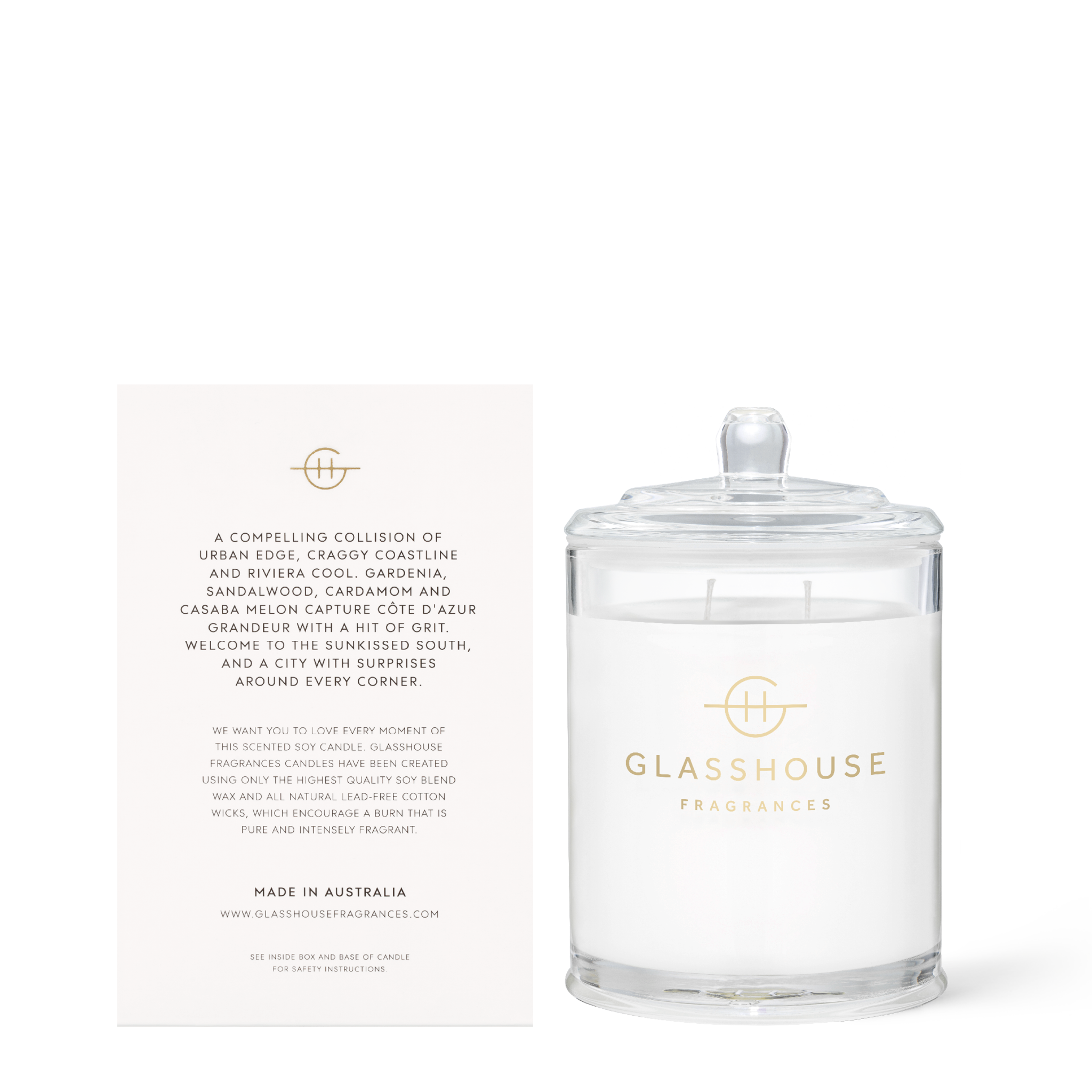 Glasshouse Fragrances Marseille Memoir Gardenia and Saffron 380g Soy Candle with box - back of product shot