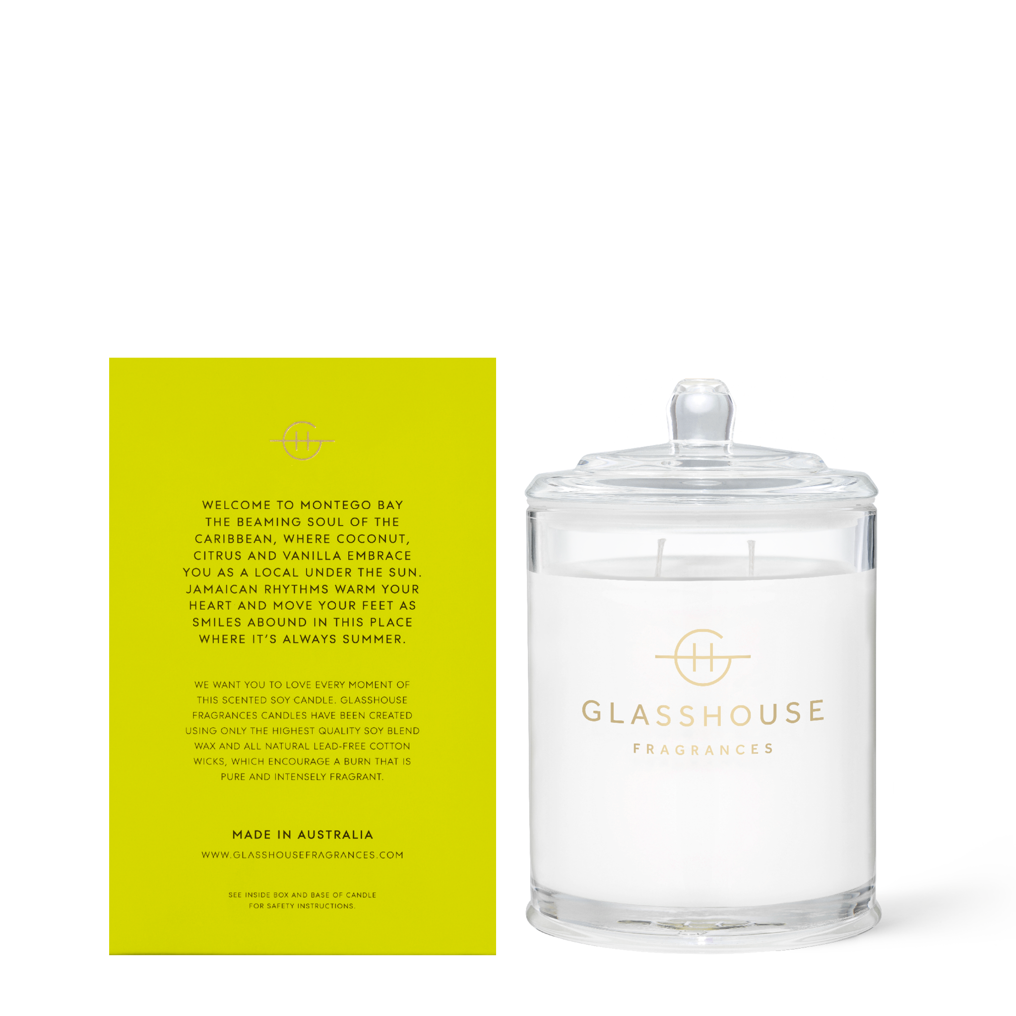 Glasshouse Fragrances Montego Bay Rhythm Coconut and Lime 380g Soy Candle with box - back of product shot