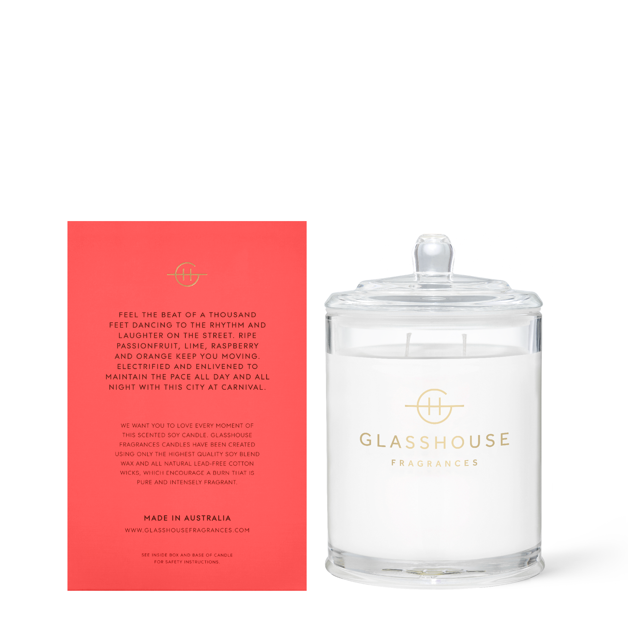Glasshouse Fragrances One Night in Rio Passionfruit and Lime 380g Soy Candle with box - back of product shot