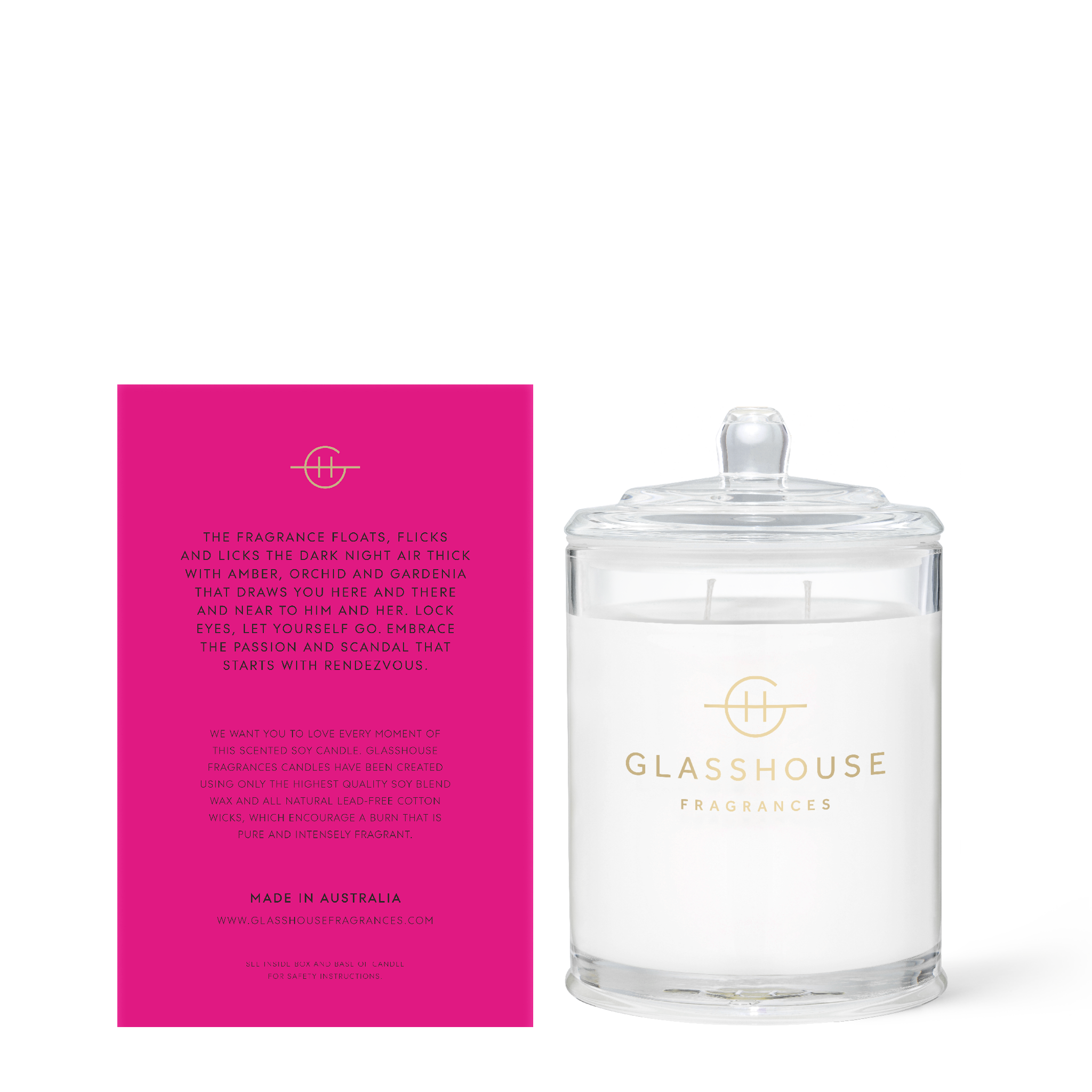 Glasshouse Fragrances Rendevous Amber and Orchid 380g Soy Candle with box - back of product shot