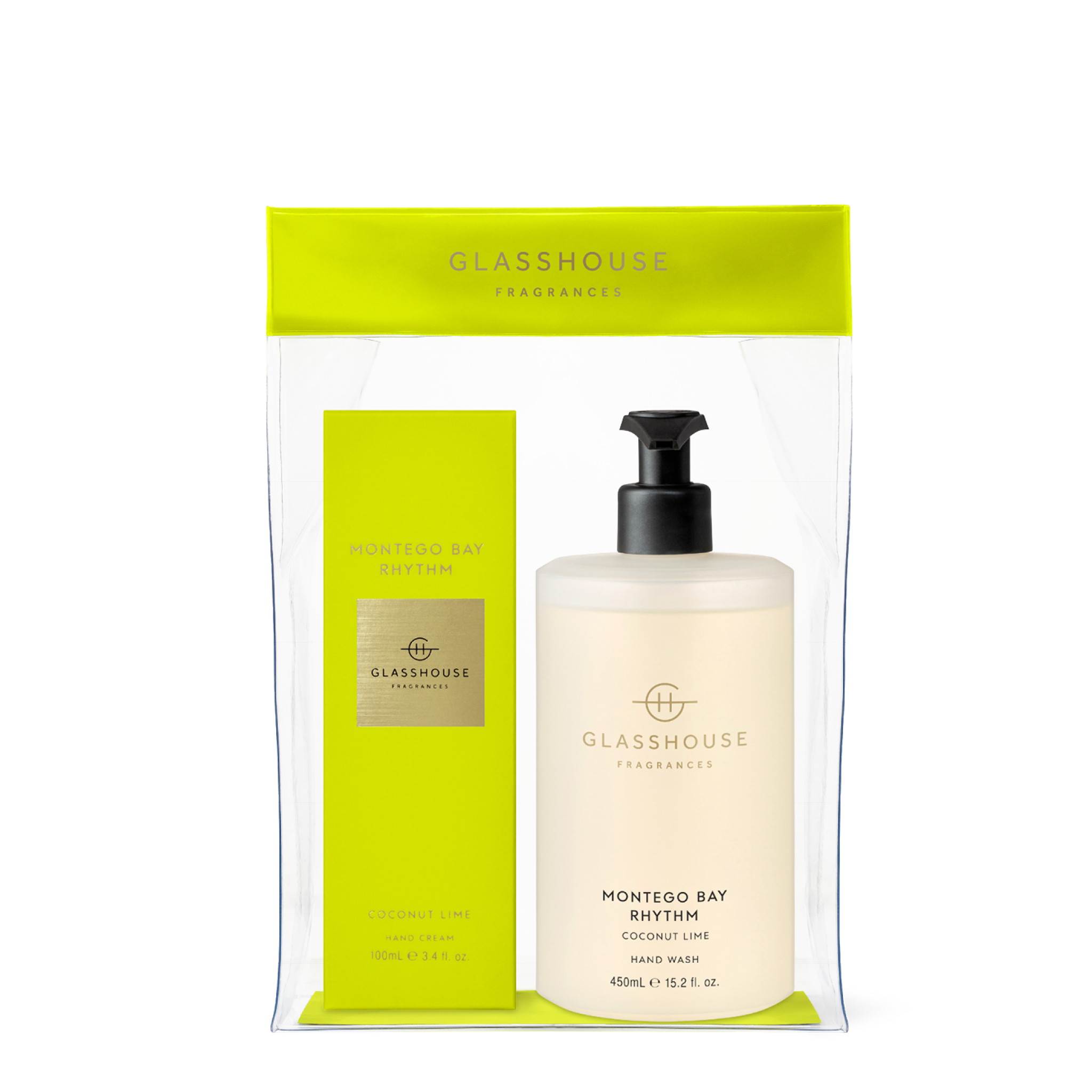 Glasshouse Fragrances Montego Bay Rhythm Coconut and Lime 100mL Hand Cream and 450mL Hand Wash flat-laid on tabletop