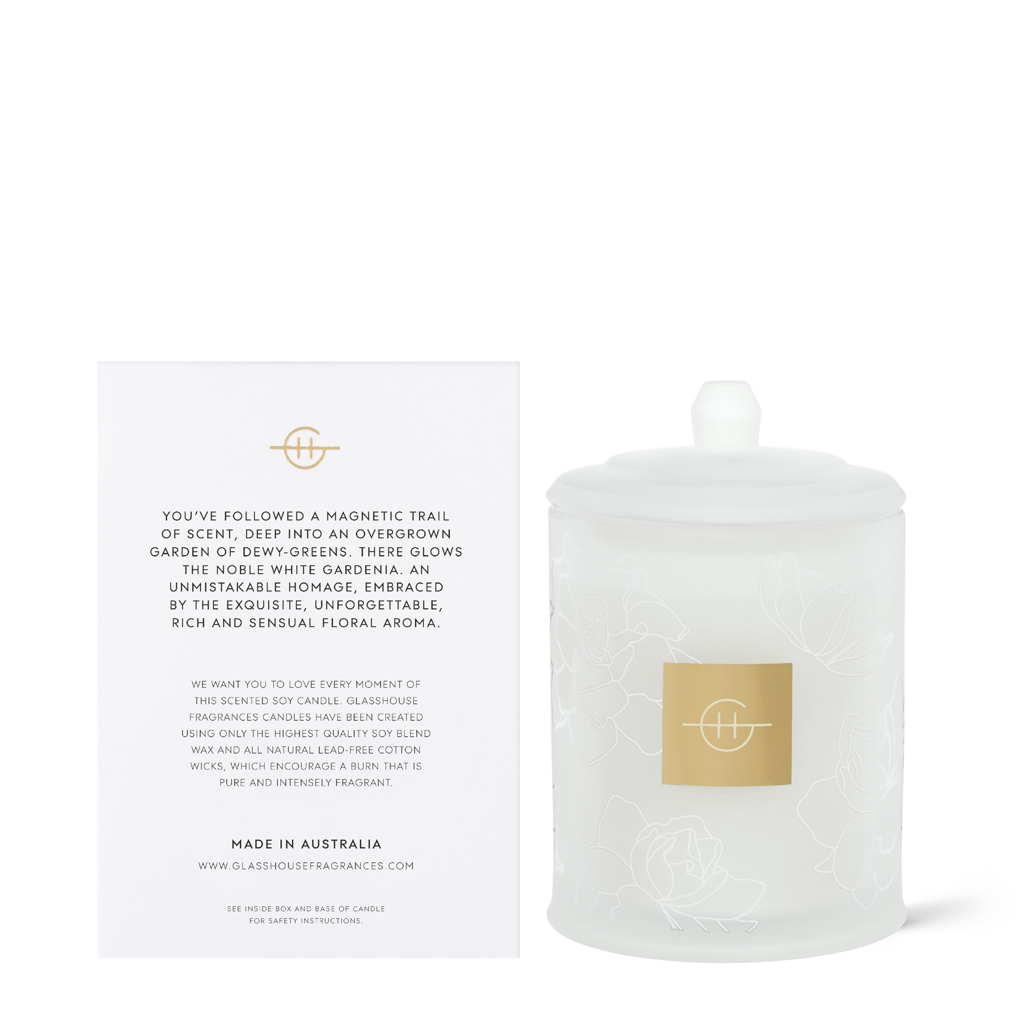 Back of product box and candle of Gardenia Inoubliable 380g Soy Candle by Glasshouse Fragrances