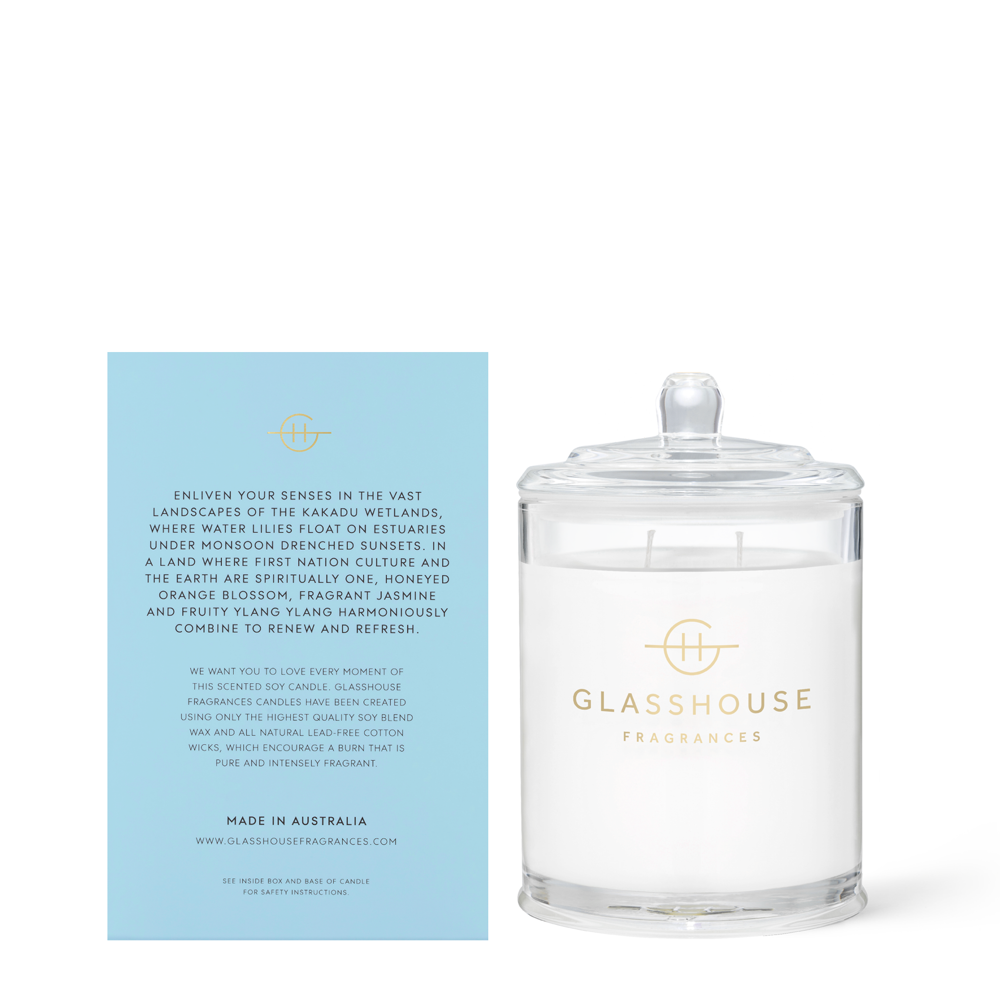 Glasshouse Fragrances 380g Soy Candle back of box product shot