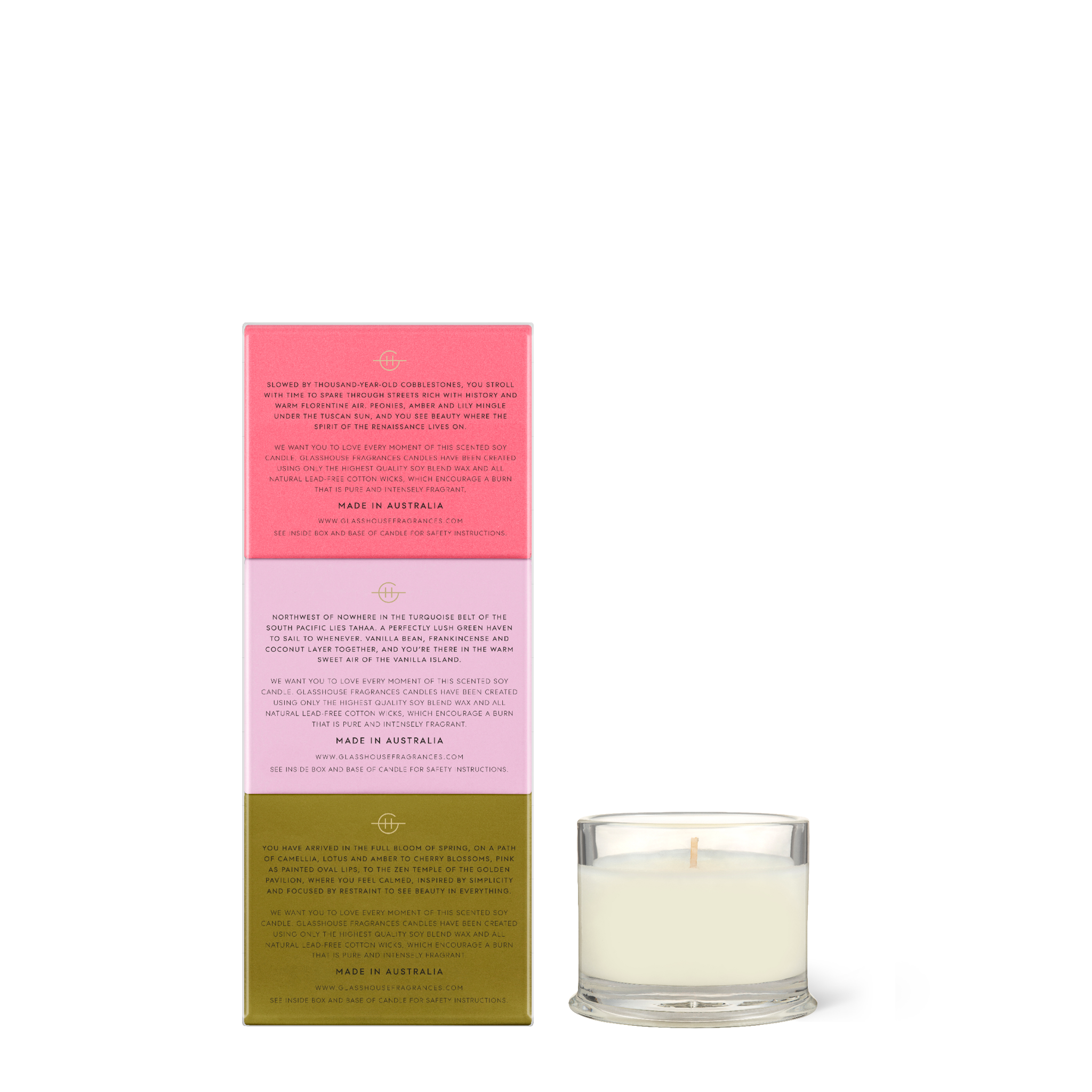 Glasshouse Fragrances 30g Candle Trio back of box packaging