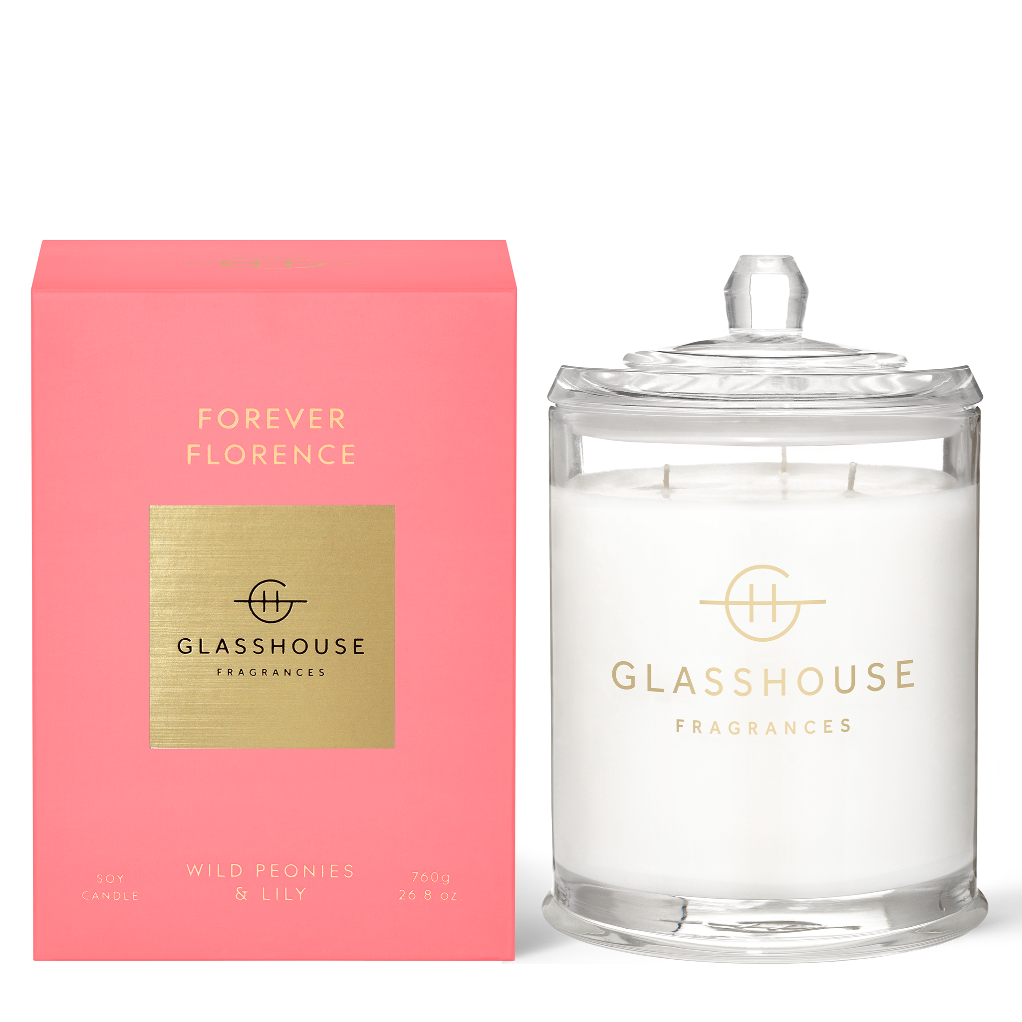 Glasshouse Fragrances Forever Florence Wild Peonies and Lily 760g Soy Candle with box